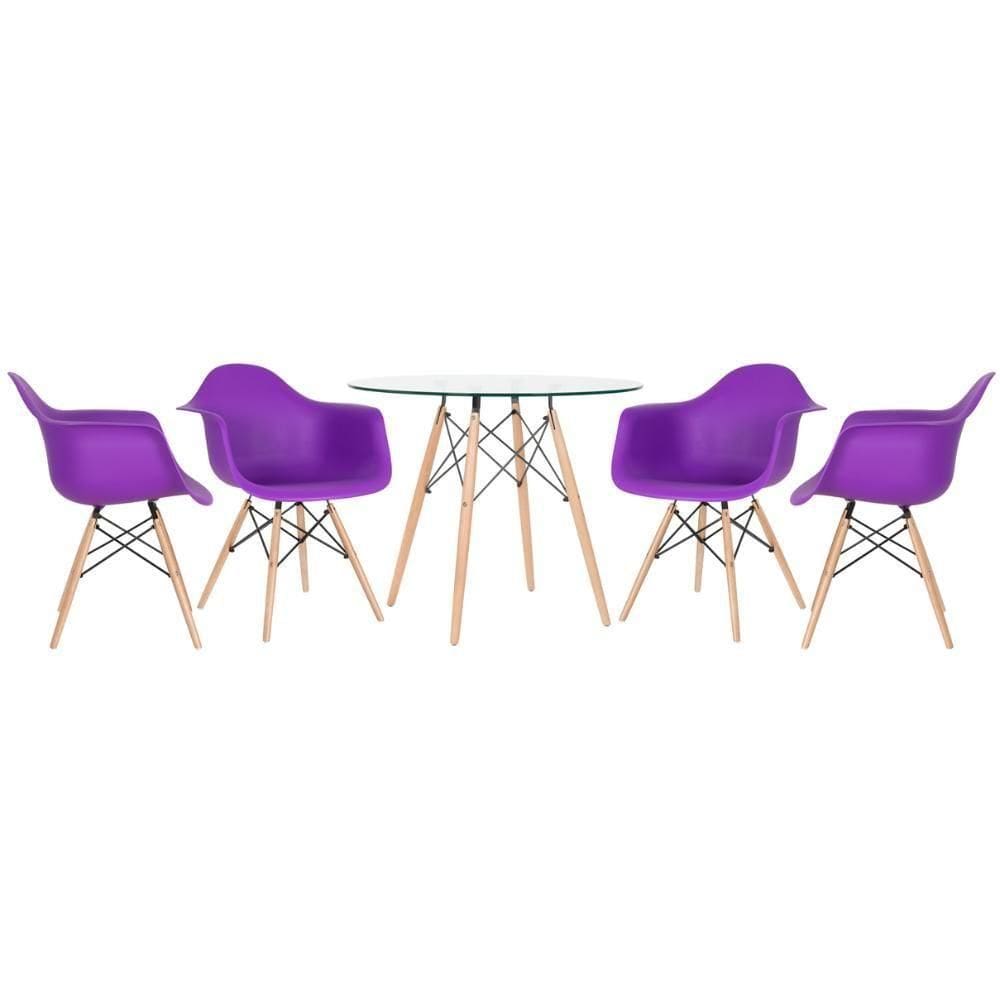 Mesa Redonda Tampo De Vidro 90 Cm + 4 Cadeiras Roxo