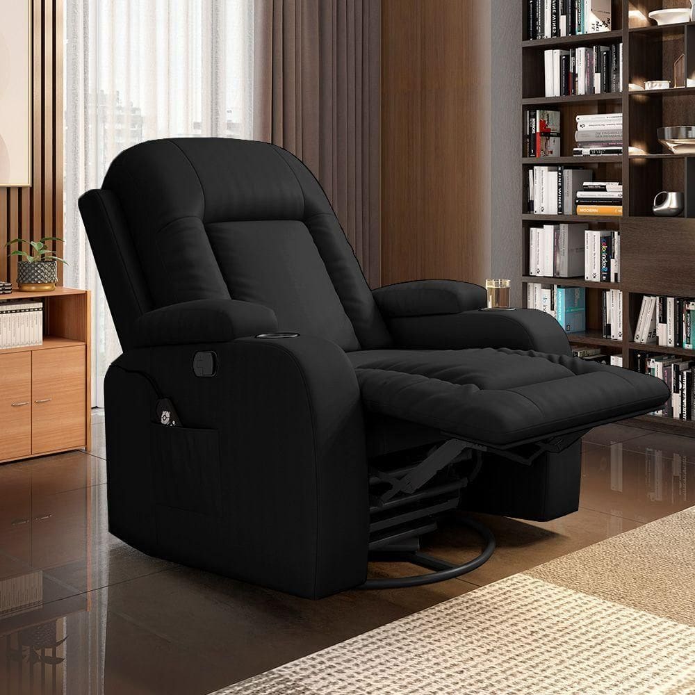 Poltrona Do Papai Reclinável Massagem E Aquecimento Giratório Balanço Pu Preto G31 - Gran Belo