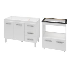 Armário Gabinete Pia De 120 Cm Bianca Com Balcão Cooktop 5 Bocas E Forno Elétrico Elisa Branco