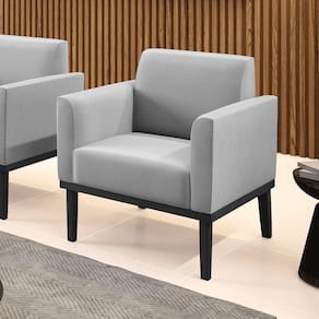 Poltrona Decorativa Pés Fixo Em Madeira Preto Suede Cinza