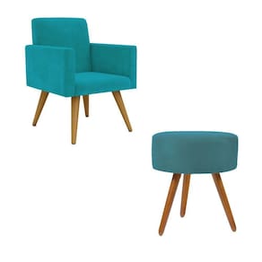 Kit Poltrona Decorativa Pés PalitoPuff Redondo Sala Cor:azul Turquesa