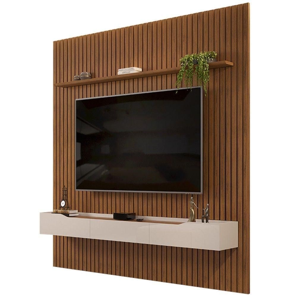Painel Para Tv 75 Pol Ripado Com Bancada Suspensa 250x240cm Pratisk D04 Freijó-off White - Mpozenato