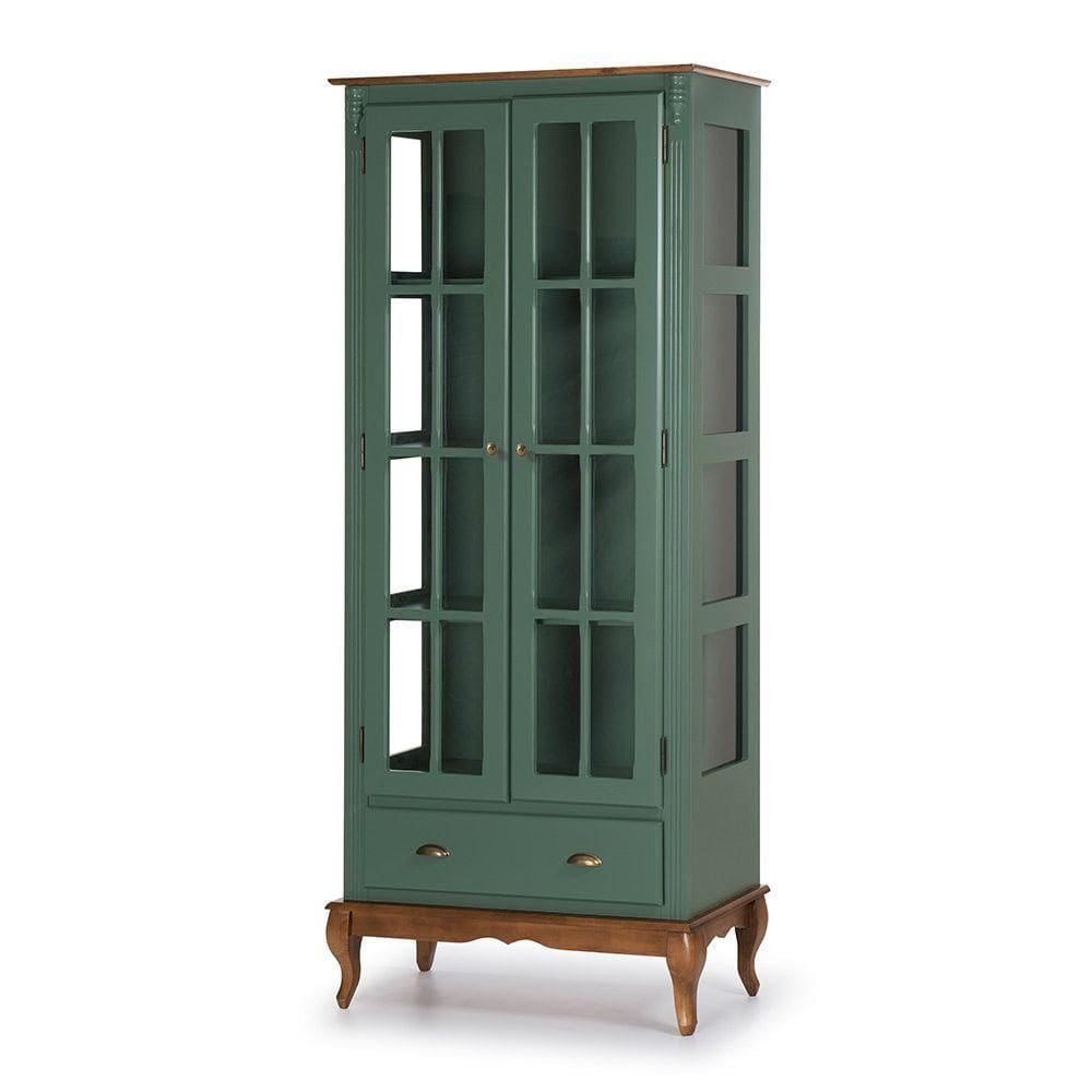 Cristaleira Lateral De Vidro Com 2 Portas, 1 Gaveta E 3 Prateleiras Cor Laca Verde Musgo