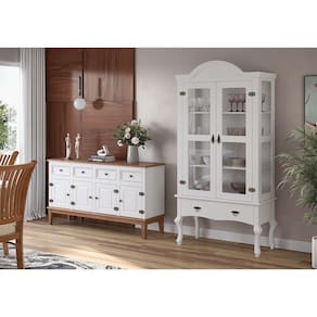 Conjunto Cristaleira Luis Xv Alta Com Balcão 4 P E 4 G De Madeira Maciça E Mdf Branco