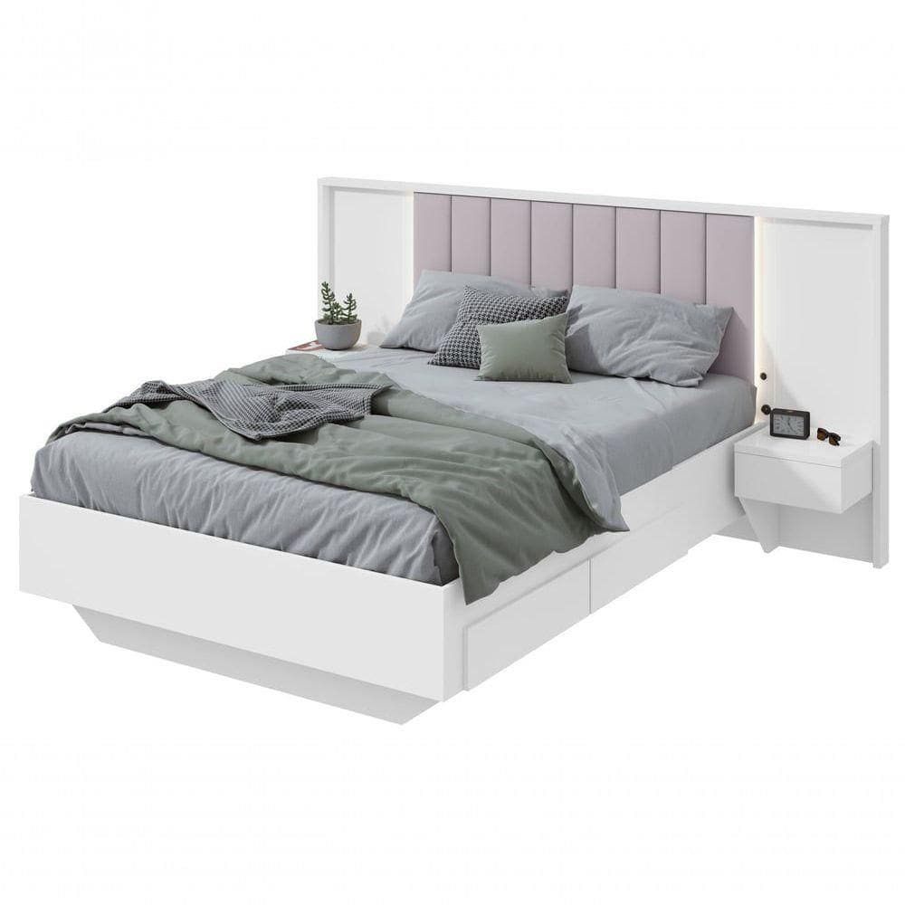 Cama Casal 140cm Com Usb, Usb-c E 2 Mesa De Cabeceiras Solaris Branco