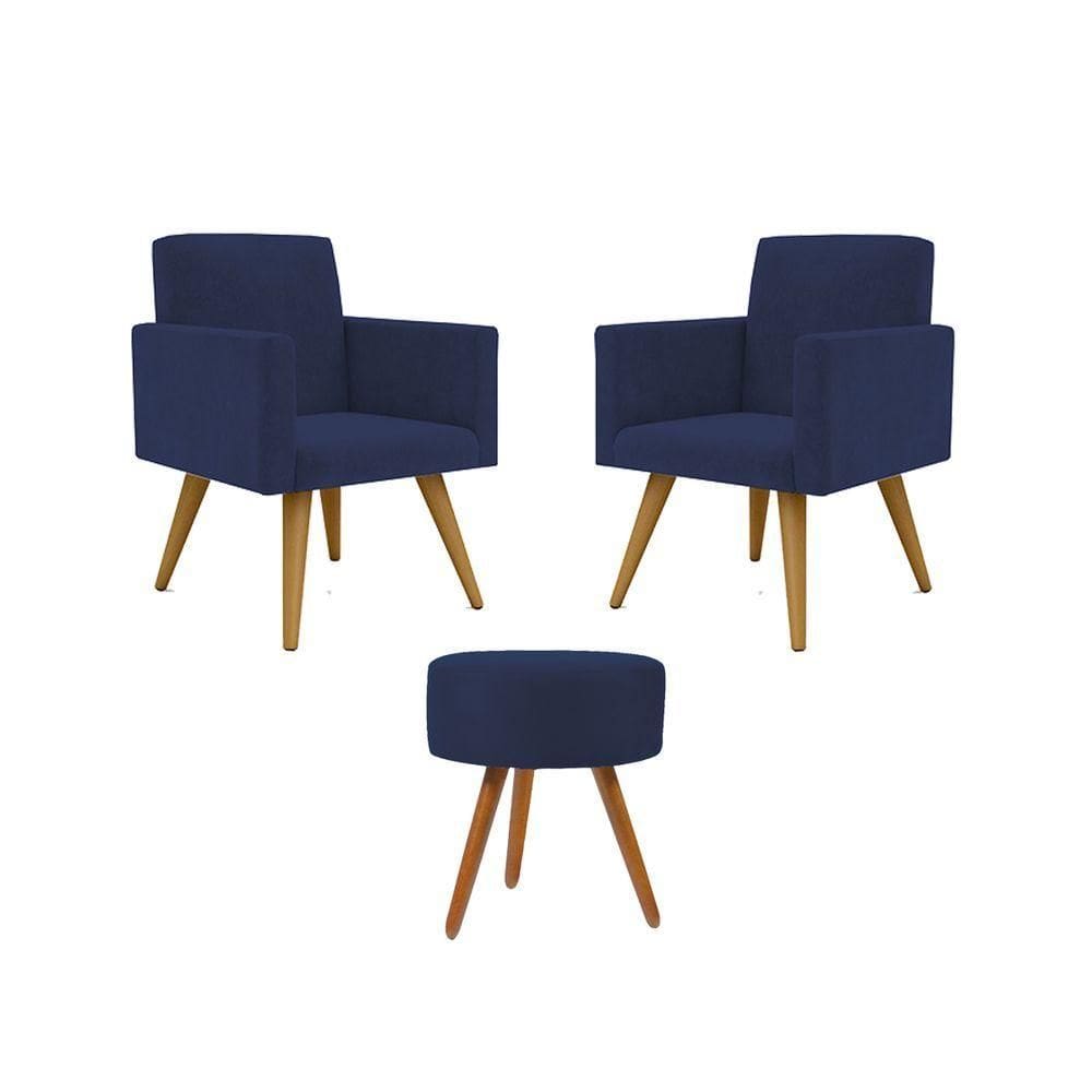 Kit 02 Poltronas Decorativas + Puff Decorativo Redondo Sala Cor:azul Marinho