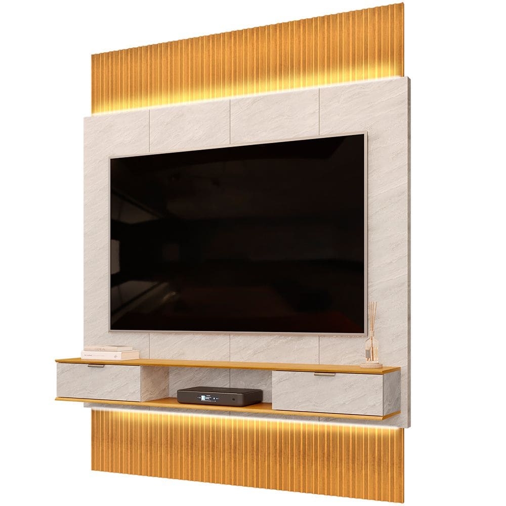 Painel Para TV 75 Pol com Bancada Suspensa e LED Bit D05 Cedro Quartzo - Lyam Decor