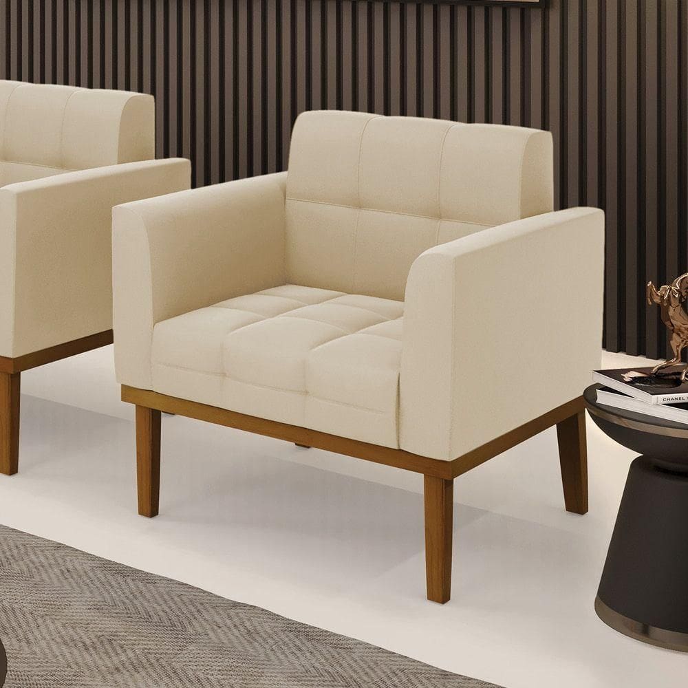 Poltrona Decorativa Pés Fixo Em Madeira Castanho Suede Bege