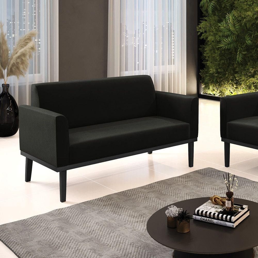 Poltrona Namoradeira Decorativa Pés Fixo Em Madeira Preto Suede Preto