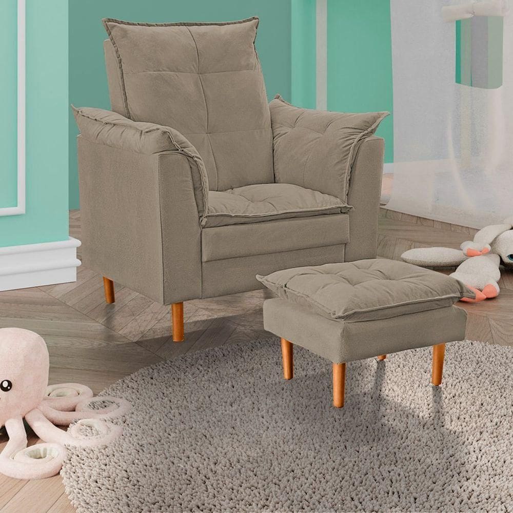 Poltrona De Amamentação Com Puff Quarto De Bebê Liz Suede Cor:bege Escuro
