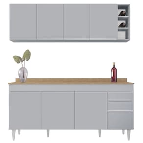 Armário De Cozinha Nevada E Balcão 180cm Com Tampo Dallas Cinza Claro-castanho - Lumil