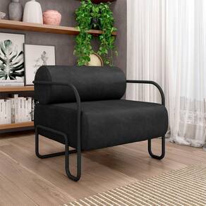 Poltrona Decorativa Sala De Estar Polatsk Base Industrial De Ferro Pu Preto G33