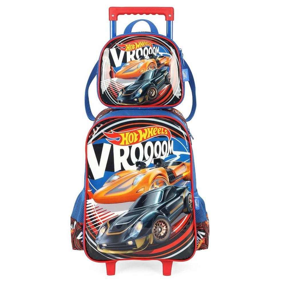 Kit Mochila Rodinhas Lancheira Luxcel Hotwheels Vermelho Vrooom