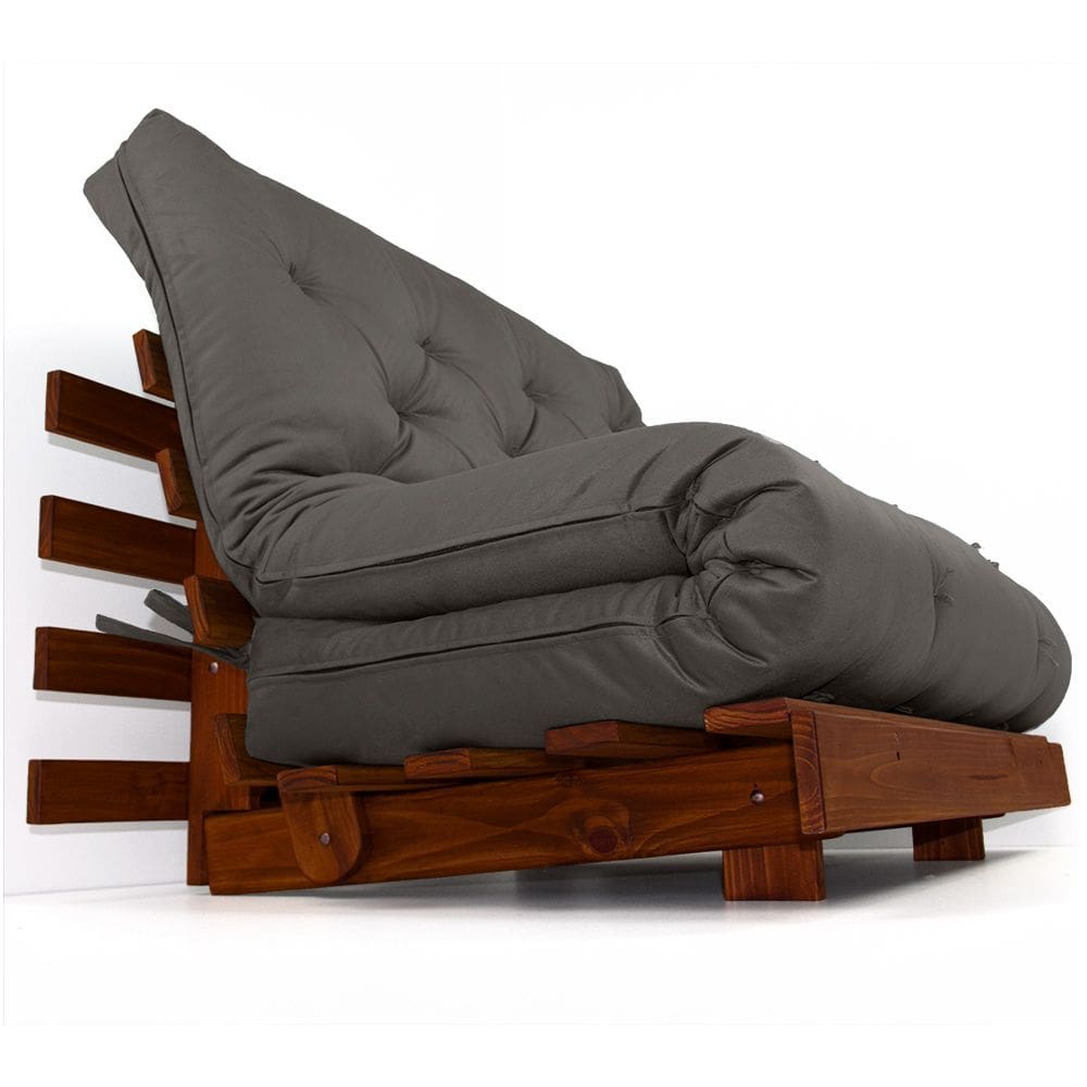 Sofá Cama Casal Futon Tokio Cinza escuro Acquablock Madeira Maciça Cor Imbuia