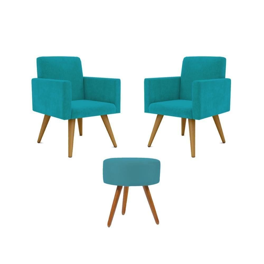 Jogo 02 Poltronas Decorativas + Puff Redondo Cor: Azul Turquesa