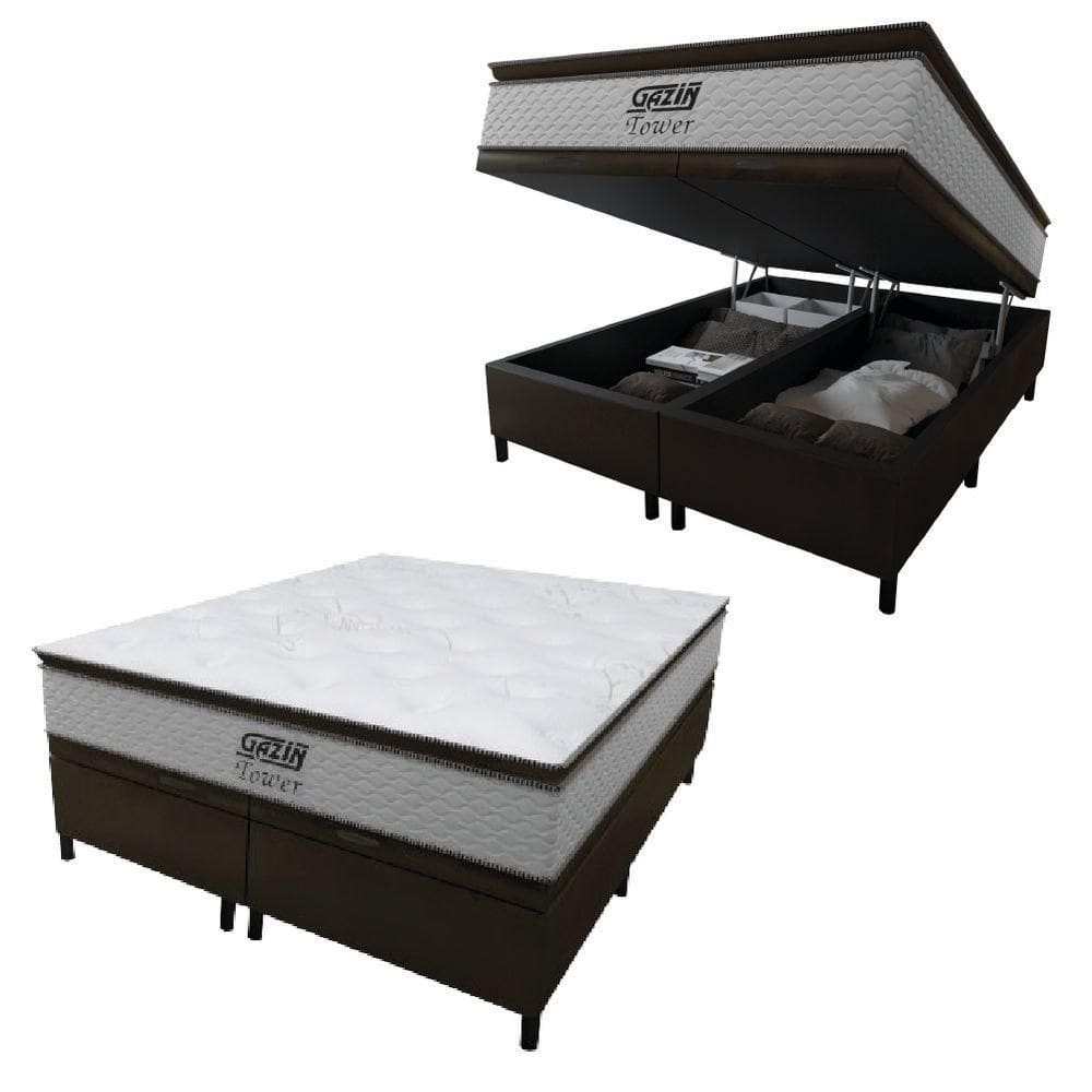 Cama Box Baú King Gazin Colchão Molas Ensacadas Com Pillow Top Tower 193x203x75cm Branco-marrom