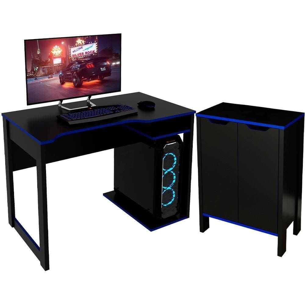 Conjunto Mesa E Armario Gamer Me4161xme4164 Preto Azul