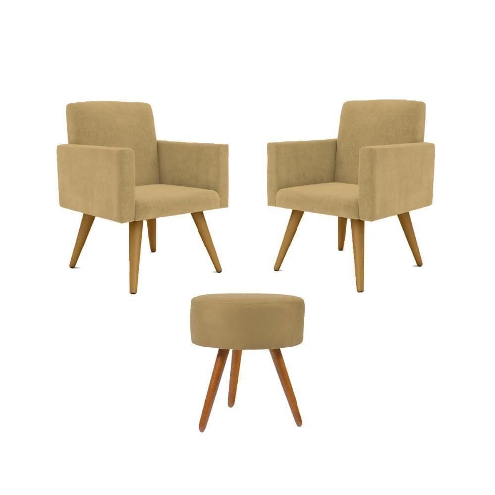Jogo 02 Poltronas Decorativas + Puff Redondo Cor: Capuccino