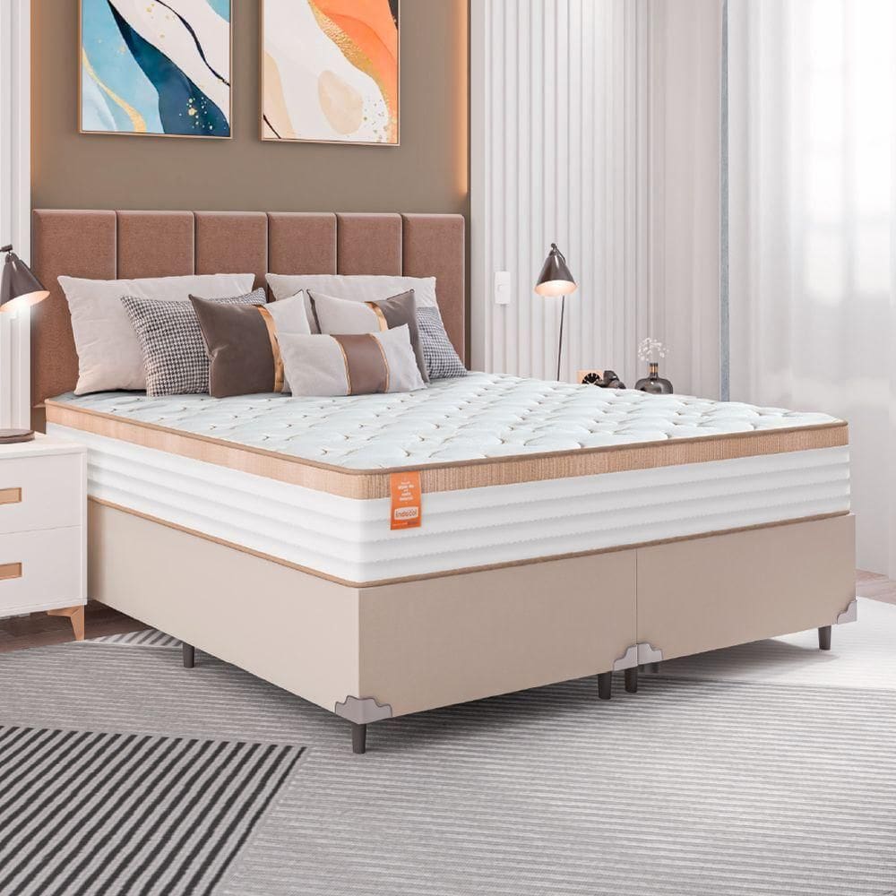Cama Box Casal King Colchão Molas Ensacadas Real Branco/bege Branco Nature
