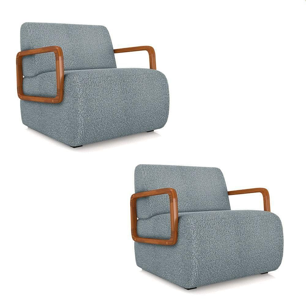 Poltrona Sala De Estar Braço De Madeira Kit 2 Hellen Bouclê K01 - D`rossi Cor Azul