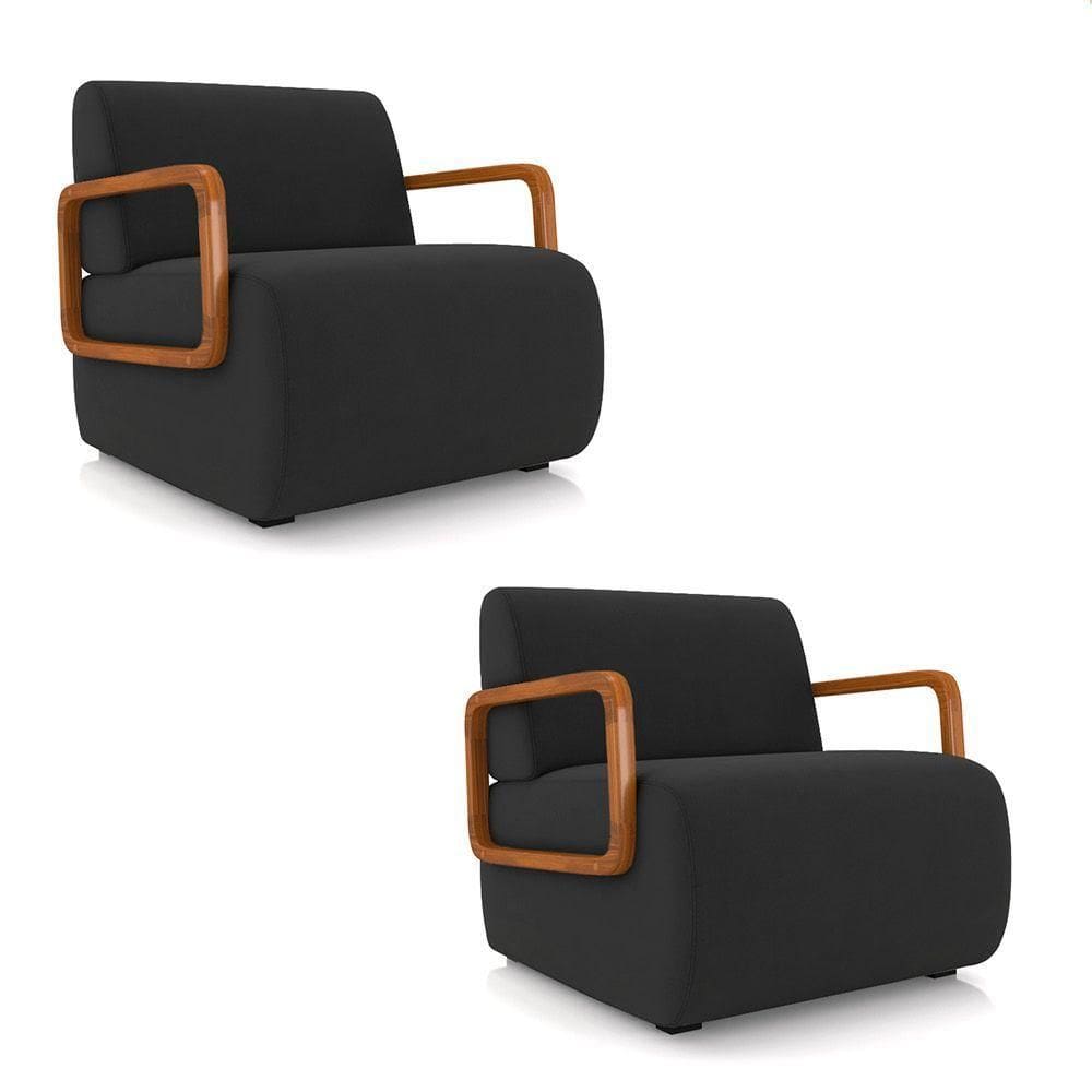 Poltrona Sala De Estar Braço De Madeira Kit 2 Hellen Veludo K01 - D`rossi Cor Preto