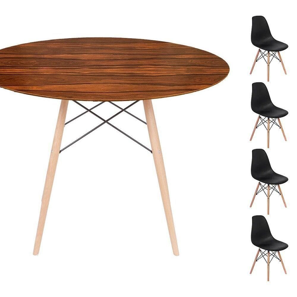 Conjunto Mesa Eames Eiffel Dsw Redonda Pau Ferro 120cm + 4 Cadeiras Eames Dsw - Preta