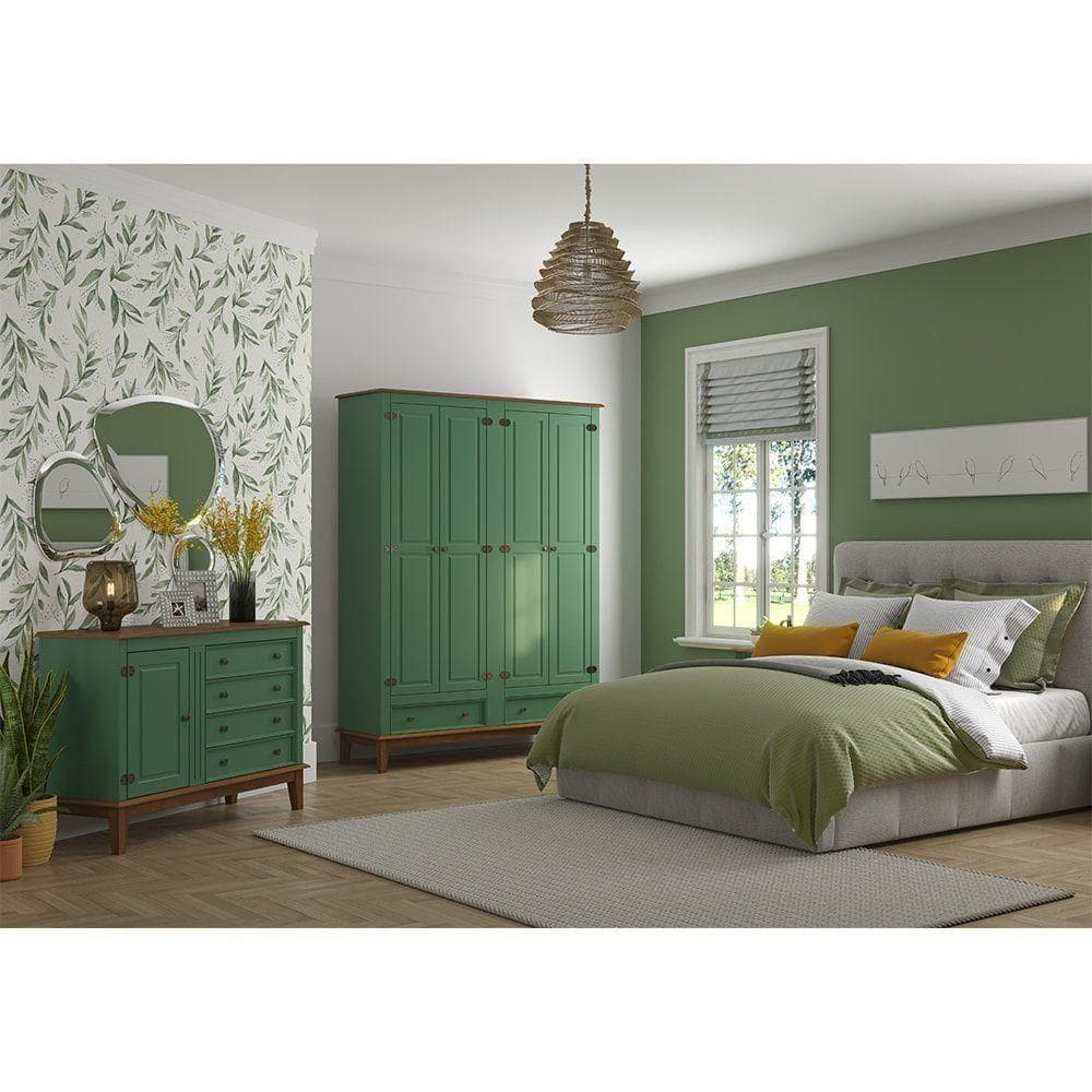 Conjunto Guarda-roupa Rústico 4 P E 2 G E Cômoda 4 G + 1 P De Madeira Maciça E Mdf Verde