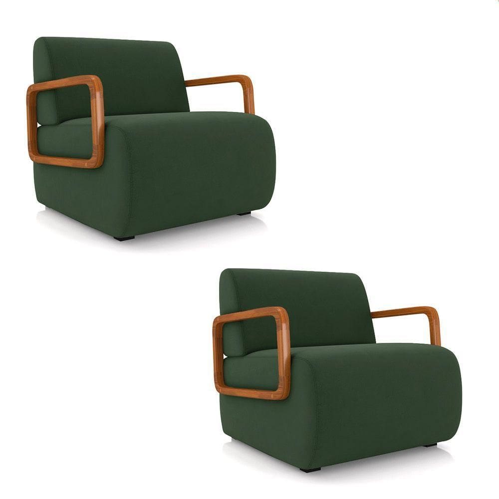 Poltrona Sala De Estar Braço De Madeira Kit 2 Hellen Veludo K01 - D`rossi Cor Verde