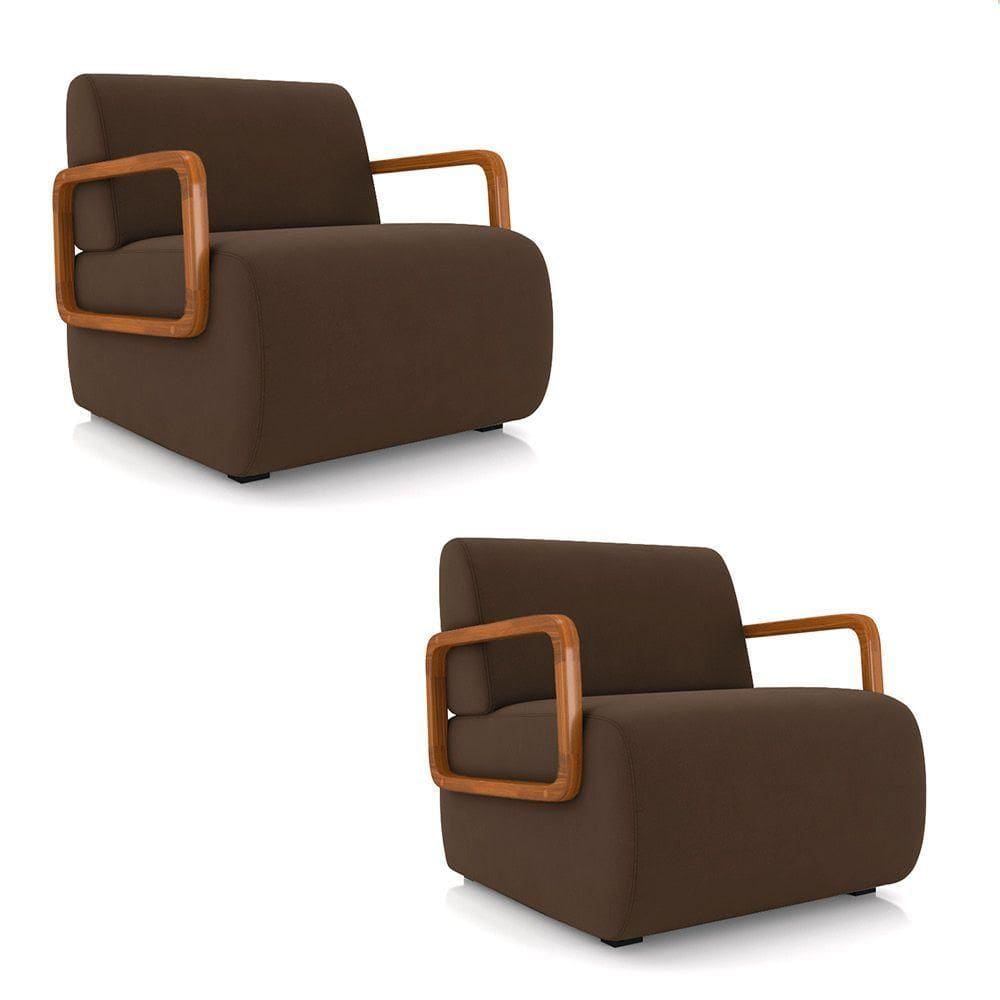 Poltrona Sala De Estar Braço De Madeira Kit 2 Hellen Veludo K01 - D`rossi Cor Marrom