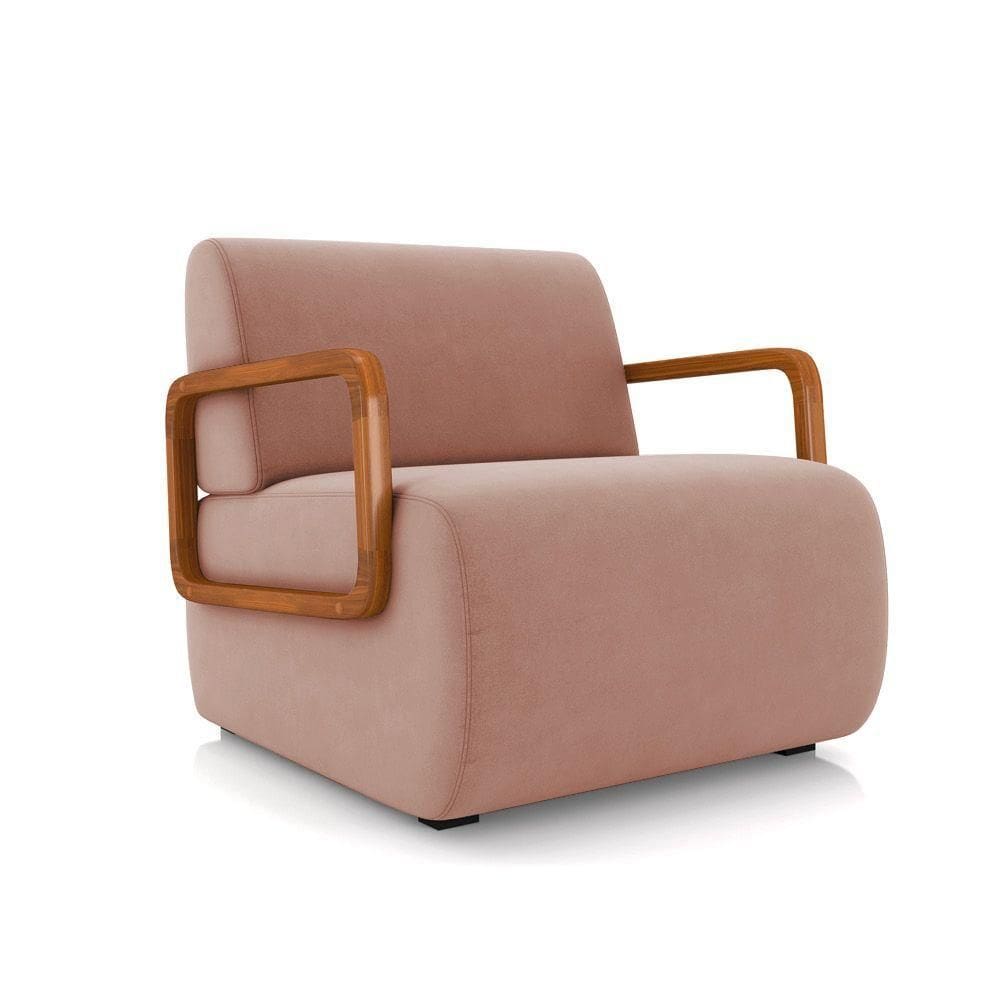 Poltrona Sala De Estar Braço De Madeira Hellen Veludo K01 - D`rossi Cor Rose