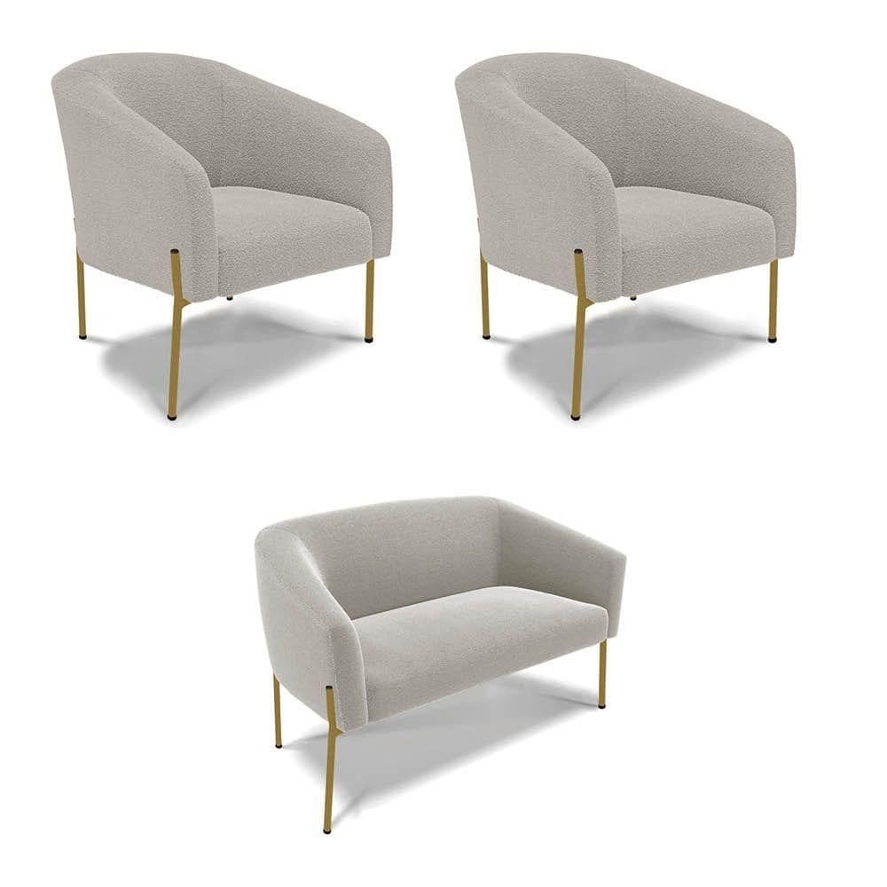 Namoradeira E 2 Poltronas Pé Ferro Dourado Stella Bouclê D03 - D`rossi Cor Cinza