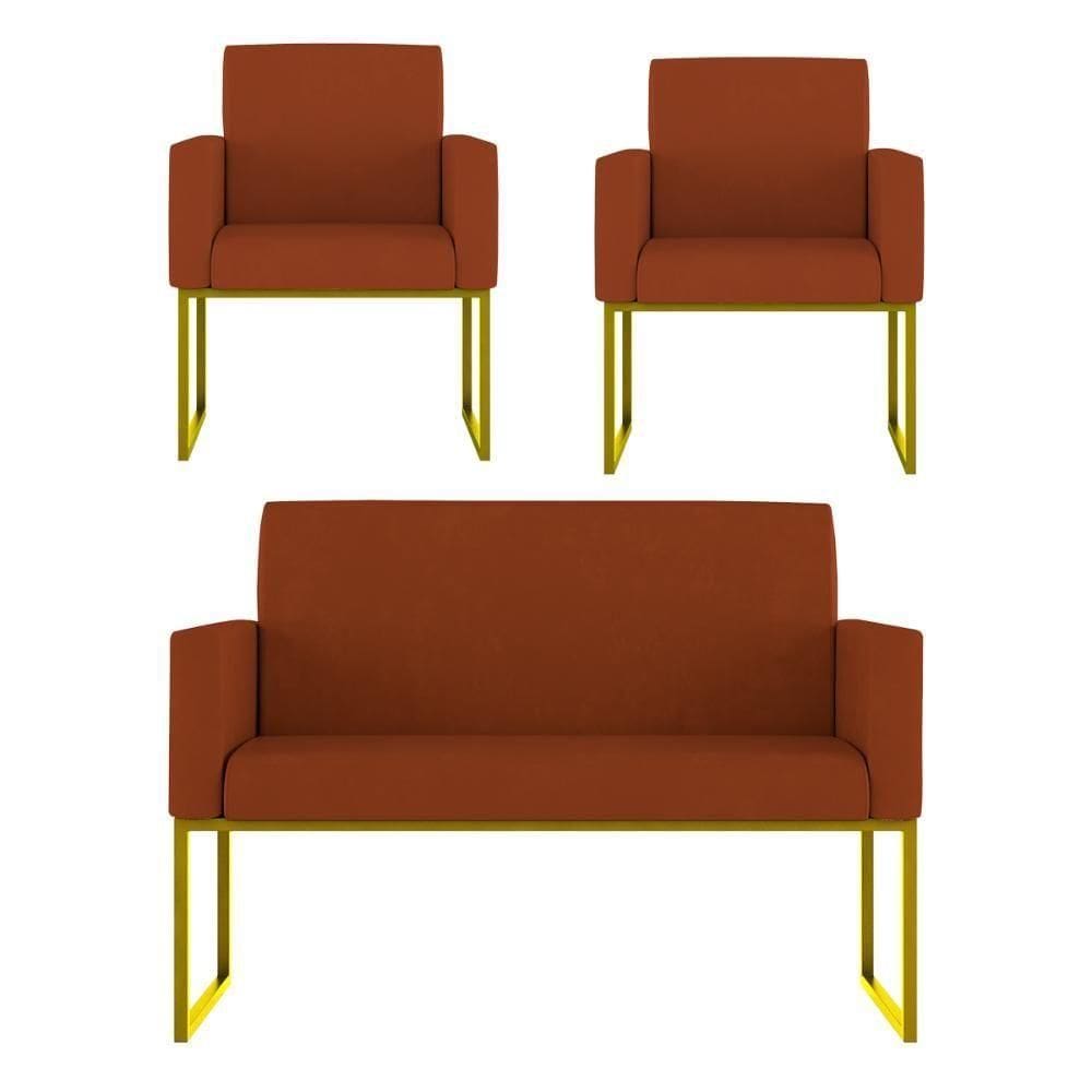 Kit Sofá 2 Lugares + 2 Poltronas Recepção Sala Base Dourada Cor:terracota Terracota