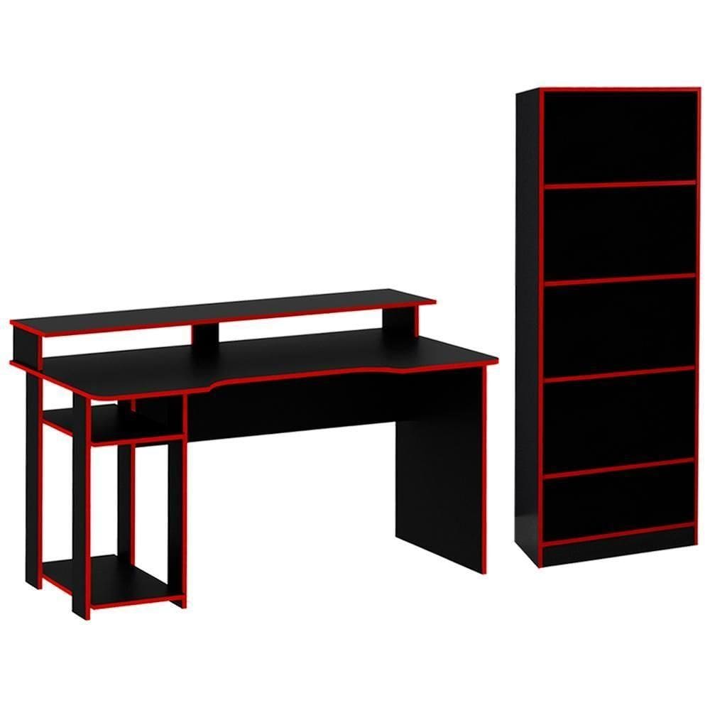 Conjunto Mesa Armario Gamer Me4141 Me4153 Preto Vermelho