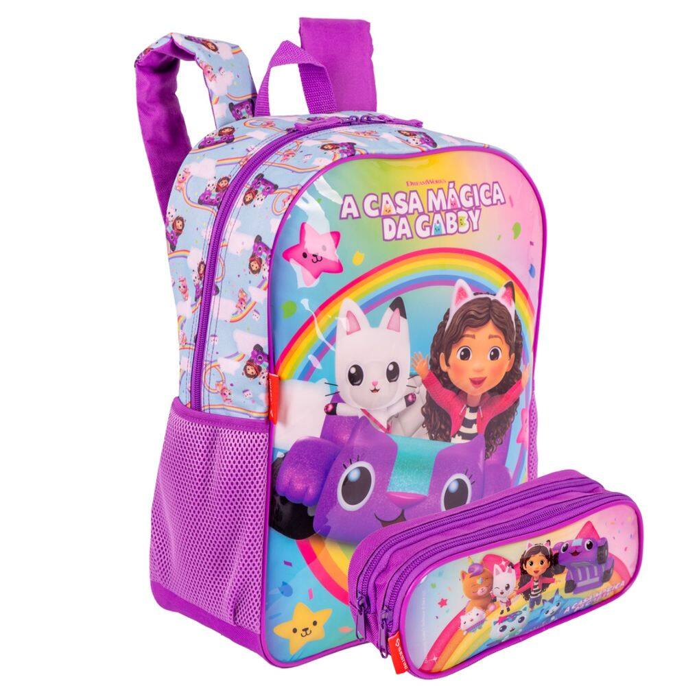 Mochila Costas Casa Mágica Gabby Estojo Duplo Escolar