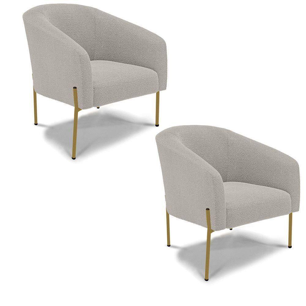 Poltrona Decorativa Pé Ferro Dourado Kit 2 Stella Bouclê Cinza D03 - D`rossi
