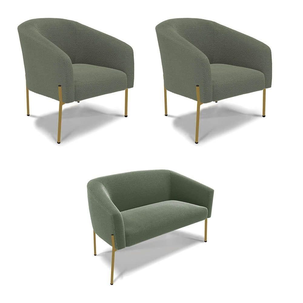 Namoradeira E 2 Poltronas Pé Ferro Dourado Stella Bouclê D03 - D`rossi Cor Menta