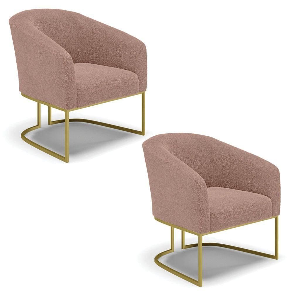 Poltrona Para Sala Industrial Dourado Kit 2 Stella Bouclê Rosê D03 - D`rossi