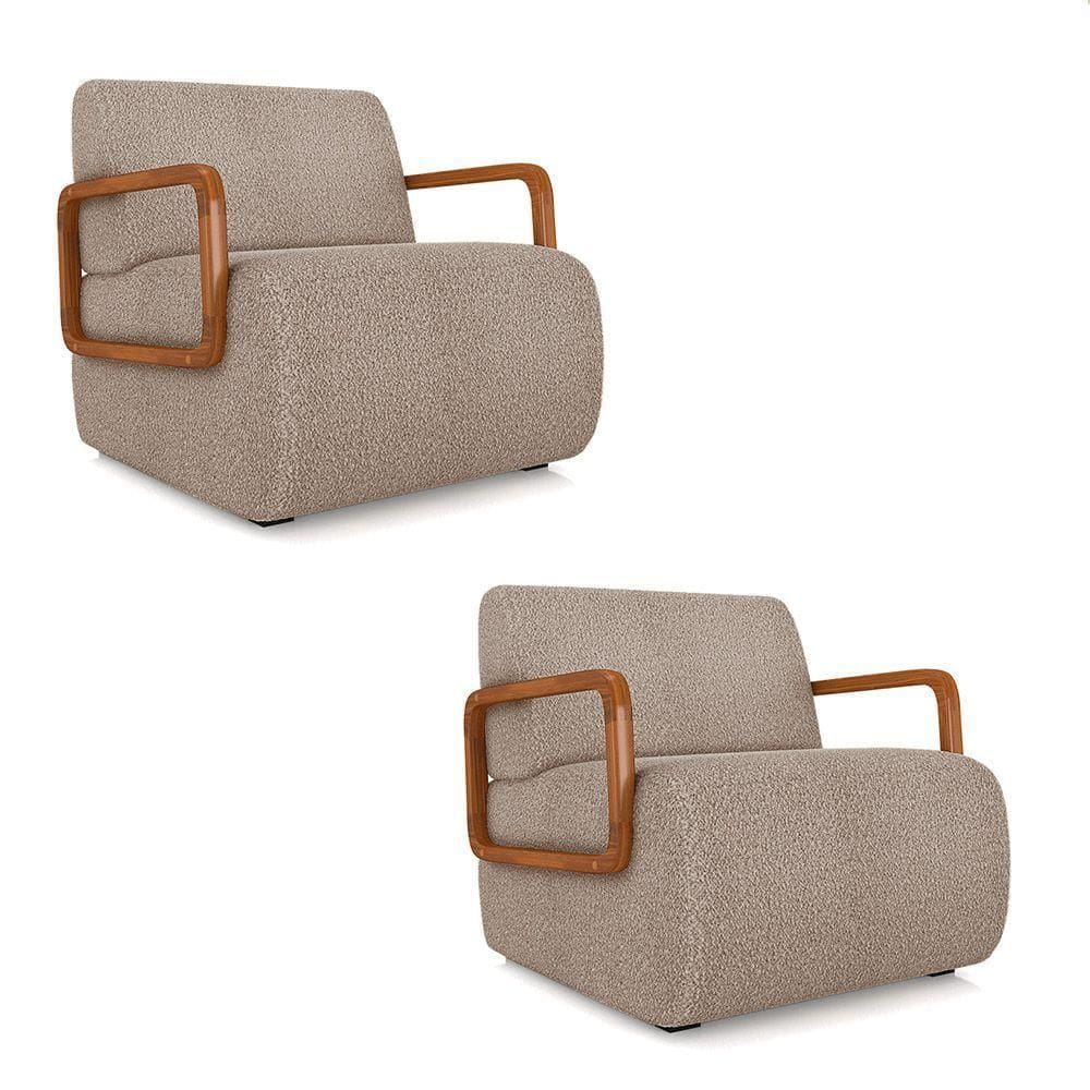 Poltrona Sala De Estar Braço De Madeira Kit 2 Hellen Bouclê K01 - D`rossi Cor Creme