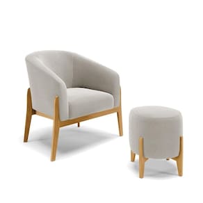 Poltrona E Puff Decorativo Base Madeira Stella Bouclê Cinza P01 - D`rossi
