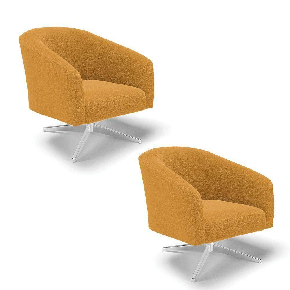Poltrona Decorativa Giratória Cromada Kit 2 Stella Bouclê Mostarda D03 - D`rossi