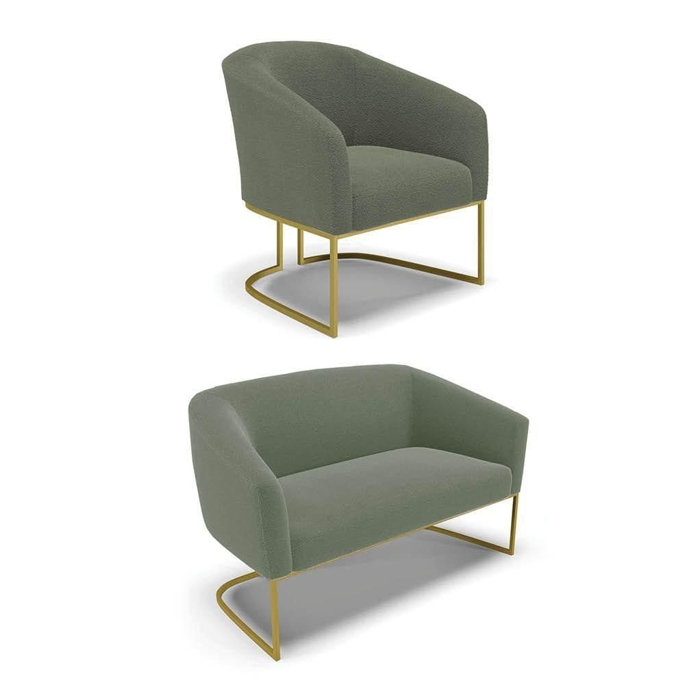 Sofá Namoradeira E Poltrona Industrial Dourado Stella Bouclê Menta D03 - D`rossi