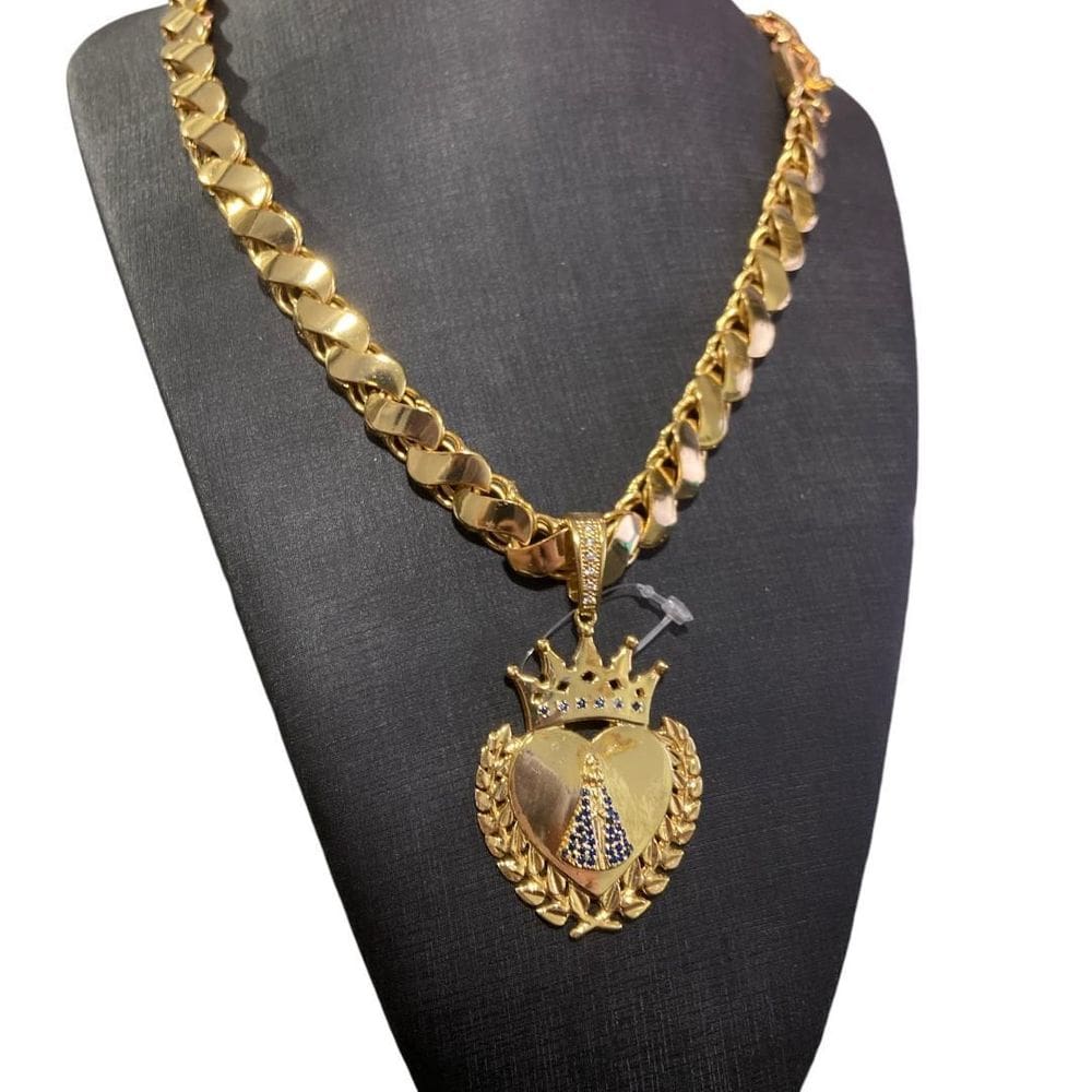 Cordão Friso S 13Mm + Pingente Nossa Senhora Banhado A Ouro