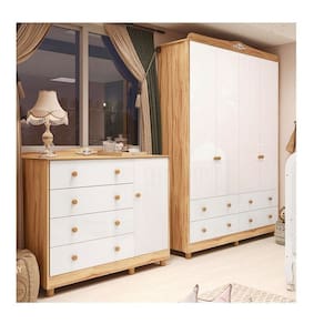 Quarto Infantil com Guarda-roupas 4 Portas e Cômoda 1 Porta 100% Mdf Maya Clássico Espresso Móveis Branco Brilho/Amêndoa