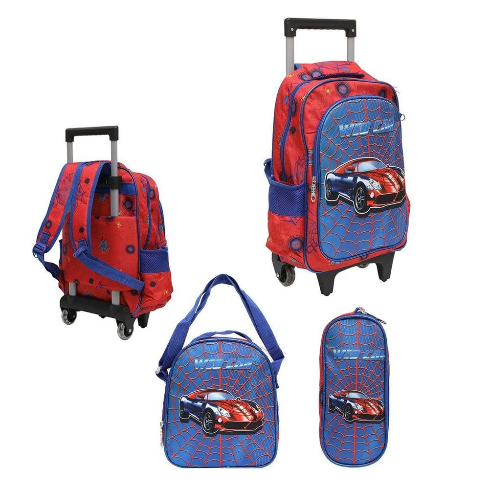 Kit Mochila Com Rodinhas E Lancheira + Estojo Aranha Web Car