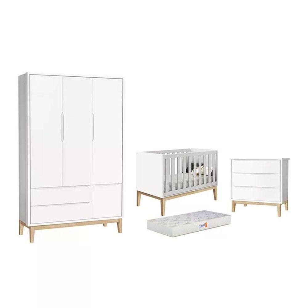Dormitório Classic 3 Portas, Cômoda 3 Gavetas Branco Com Pés Madeira Natural E Colchão D18 - Reller Móveis Branco