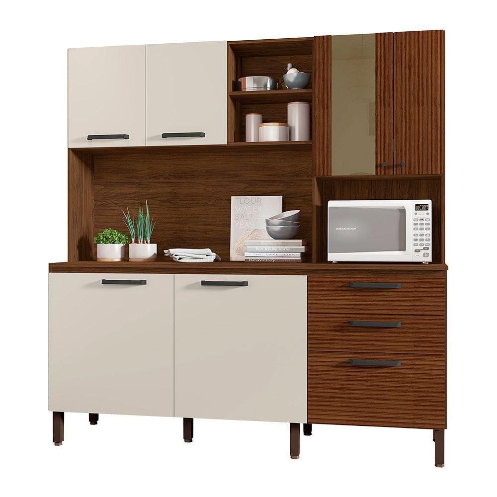Armário De Cozinha Compacta 6 Portas E 3 Gavetas 182 Cm Megan Ripado Nogueira-off White - Pallazio