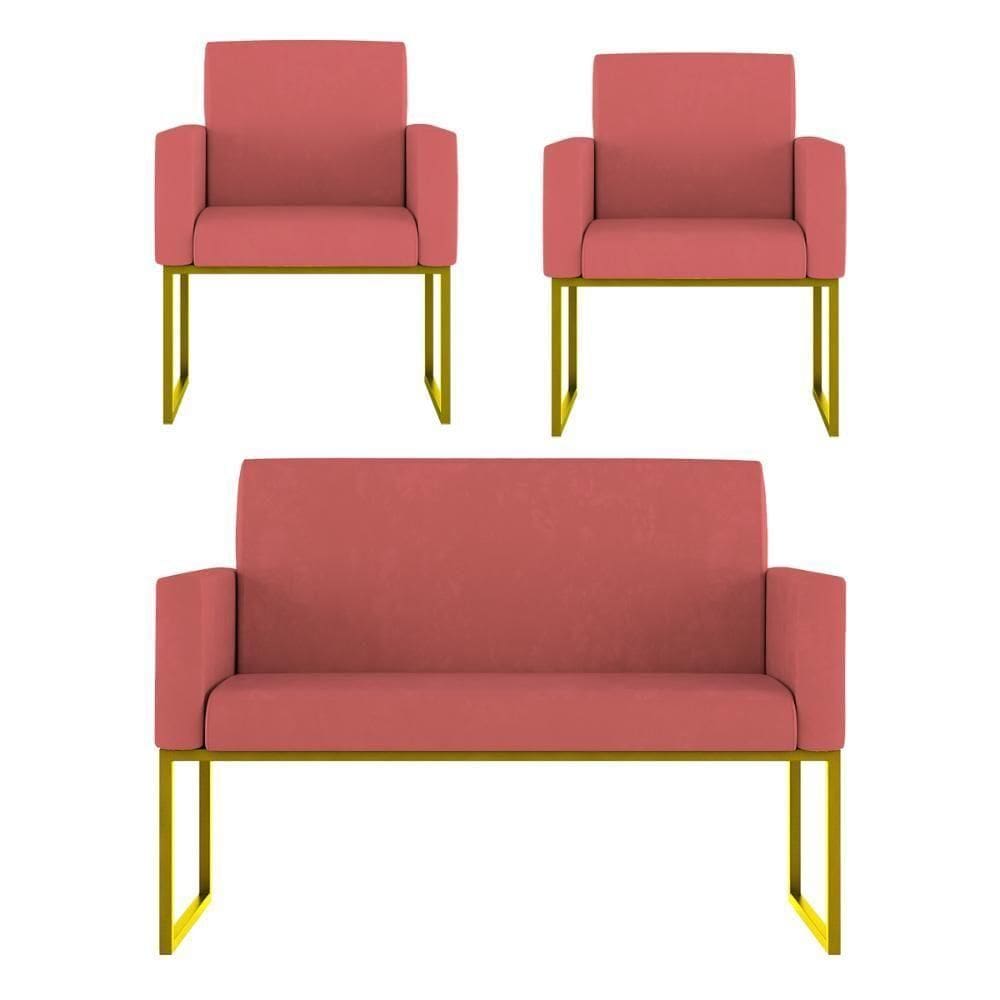 Kit Sofá 2 Lugares + 2 Poltronas Recepção Sala Base Dourada Cor:rosa Rosa