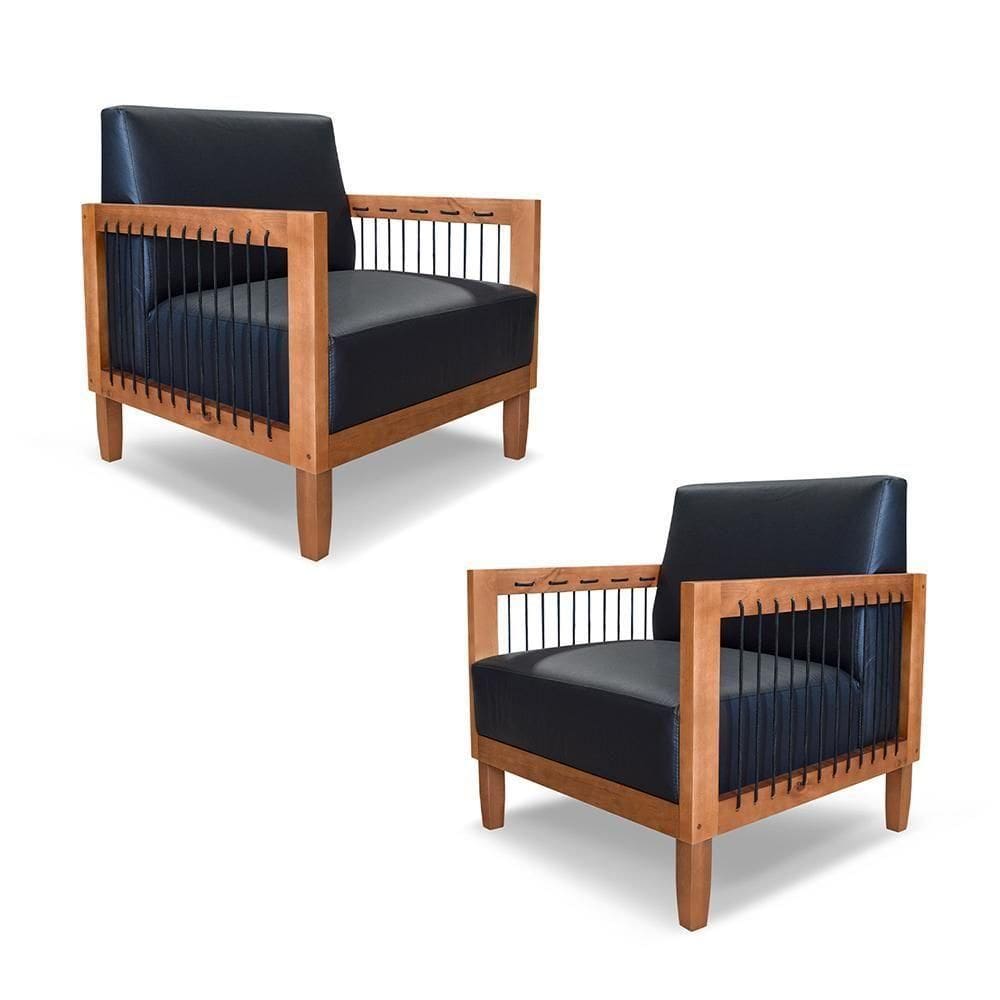 Kit 2 Poltronas Sala De Estar Pés Madeira Maciça Corda Náutica Preta 75cm Manila Pu Preto