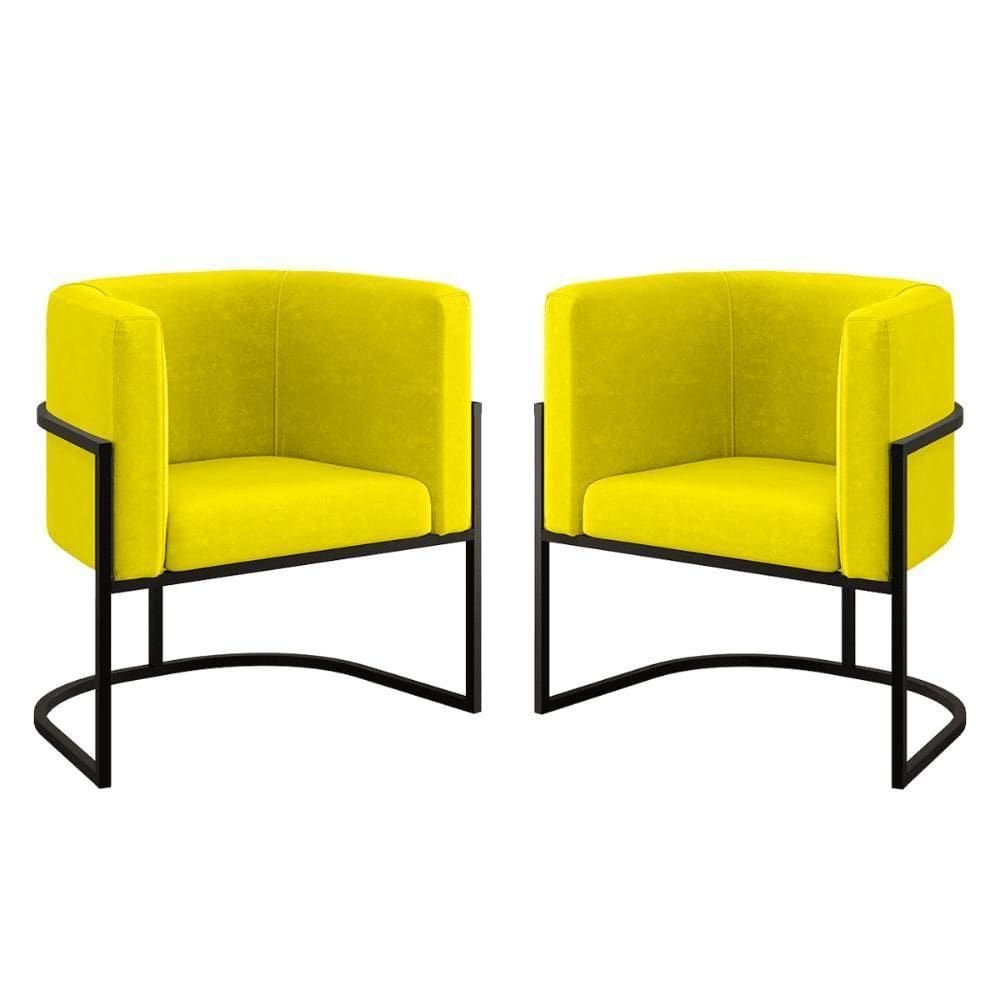 Kit 02 Poltronas Lua Com Base De Metal Black Sala Reforçada Amarelo