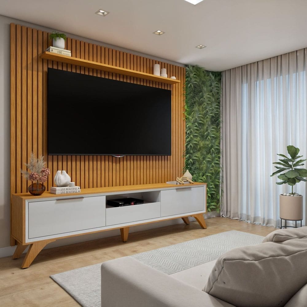 Conjunto Rack Áustria 220cm com Painel Ripado para Tv de até 75 Polegadas Paris Naturalle/Off White